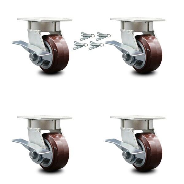 Service Caster 4 Inch Kingpinless Poly on Polyolefin Wheel Caster Set Brake and Swivel Lock SCC SCC-KP30S420-PPUR-SLB-BSL-4 - main